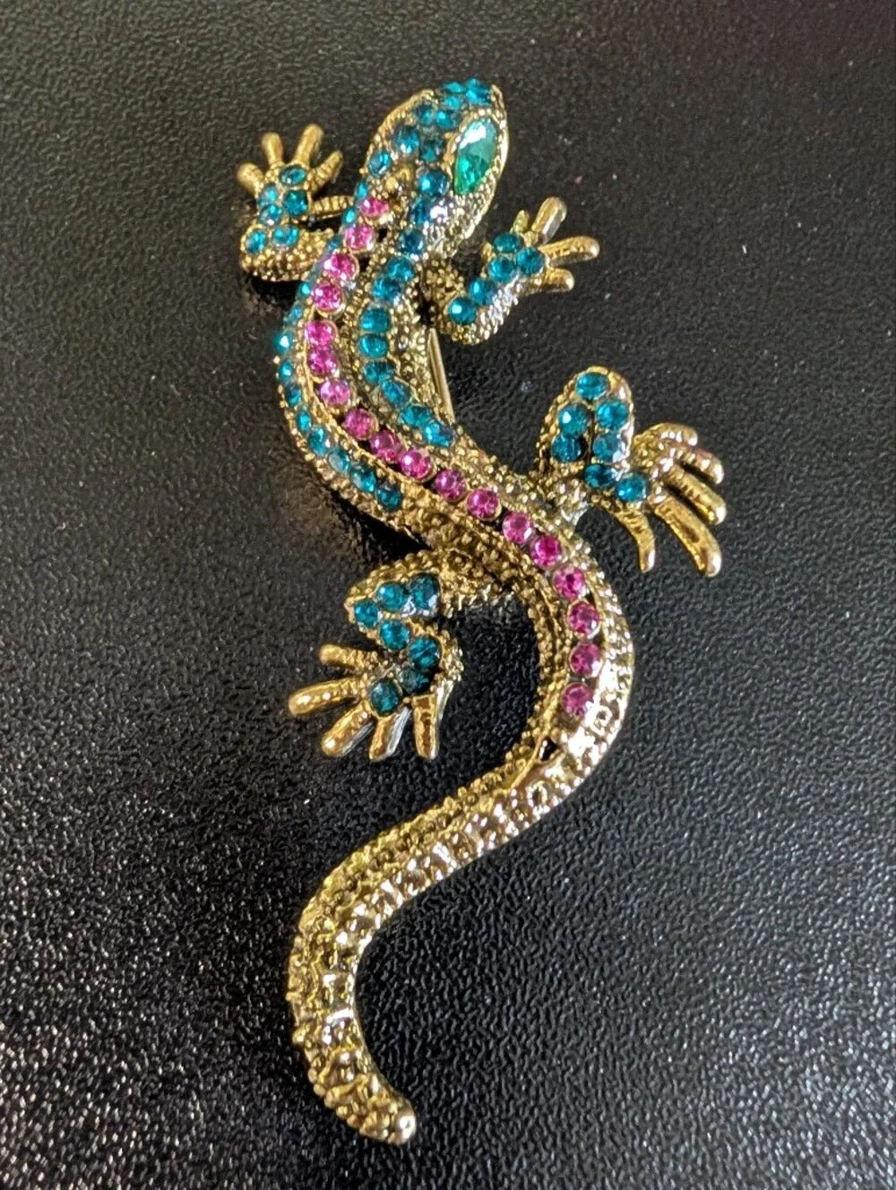 Gold-tone Jeweled Lizard Accent — Blue and Pink Crystals